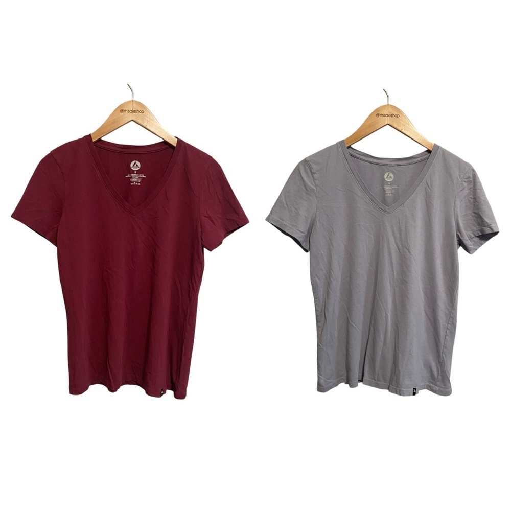 American Giant Women's Short Sleeve V-Neck T-Shirts in Magenta and Cool Gray